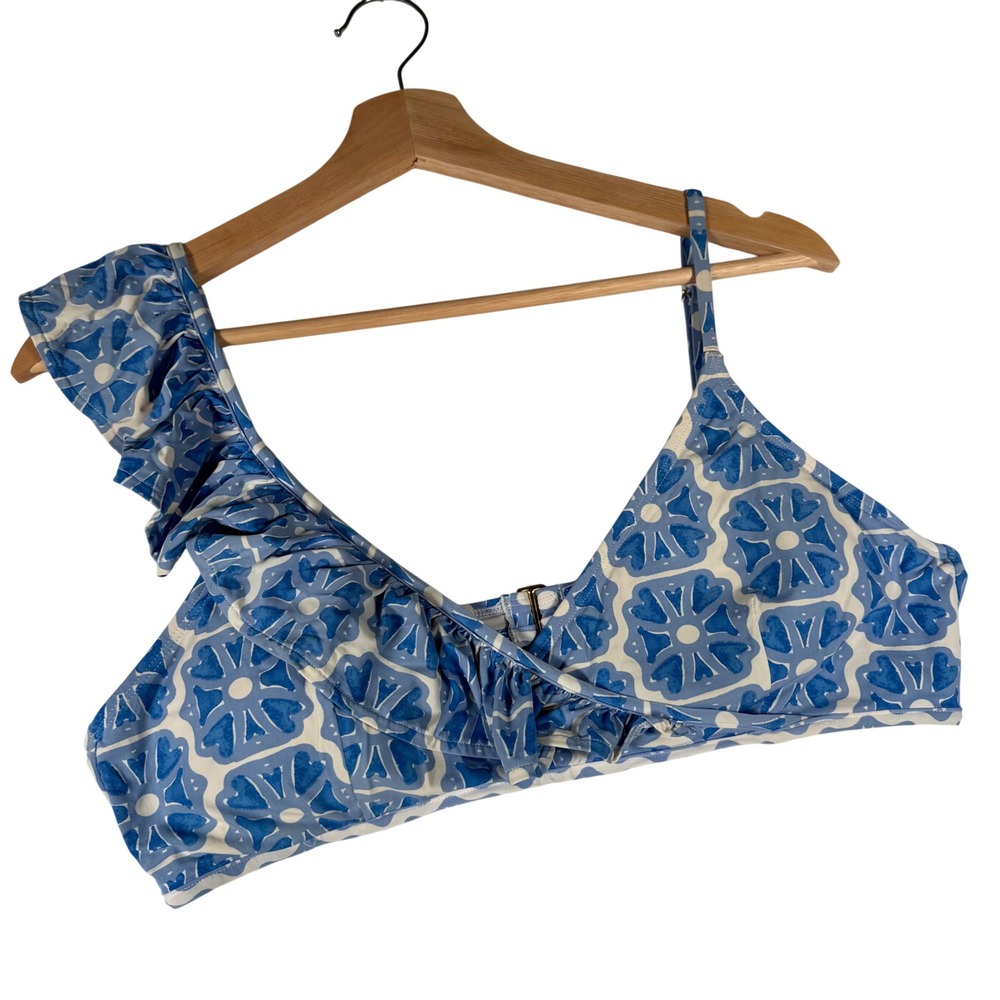 Vineyard Vines Blue White Tile Ruffle One Shoulder Bikini Top 2M001249‎ Large